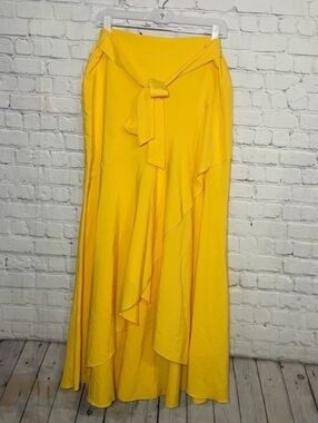 Yellow High Waist Wrap Maxi Skirt Ruffle Hem Large